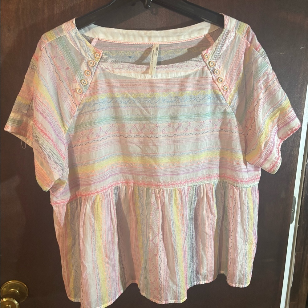 Anthropologie Rainbow Embroidered Peasant Top-100% Cotton